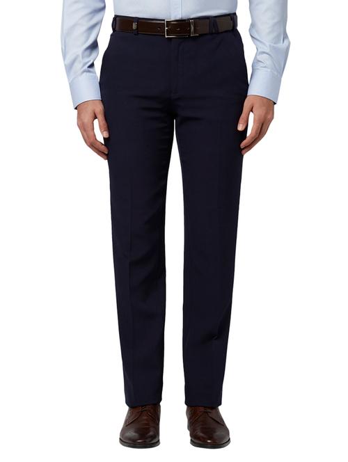 navy blue textured flat front formal trouser - 17798720 - Very Small Image - 1