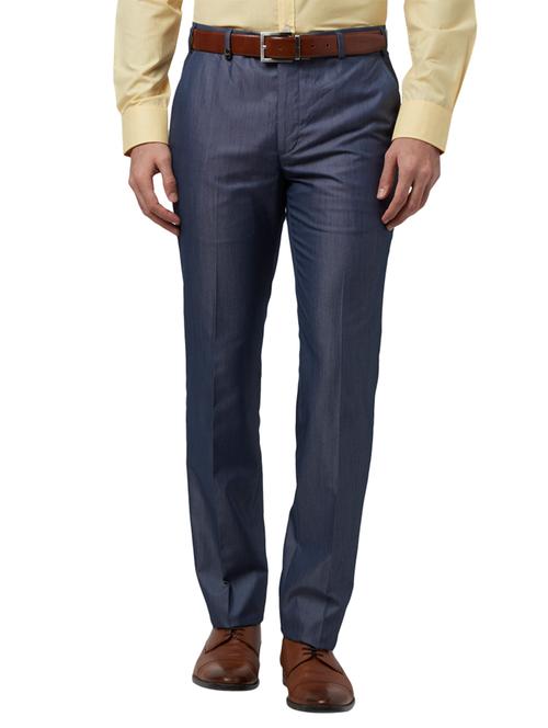 navy blue textured flat front formal trouser - 17798761 - Very Small Image - 1