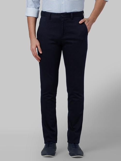 navy blue solid flat front casual trouser - 17798788 - Very Small Image - 1