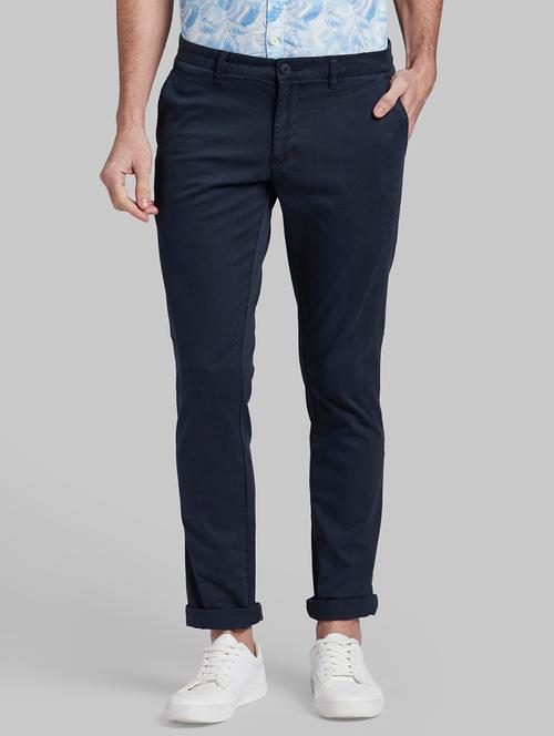 navy blue textured flat front casual trouser - 17798967 - Very Small Image - 1