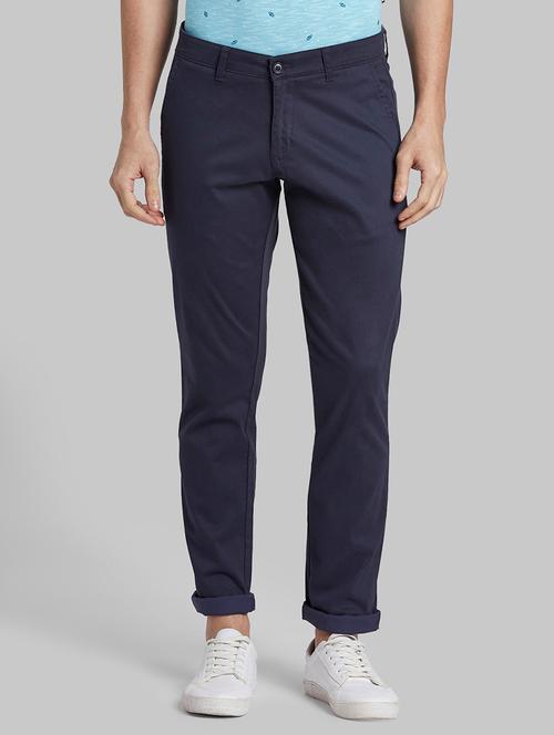 navy blue textured flat front casual trouser - 17798997 - Very Small Image - 1