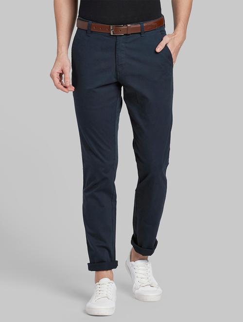 navy blue solid flat front casual trouser - 17799011 - Very Small Image - 1