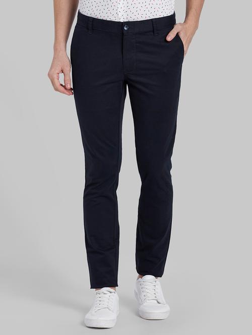 navy blue solid flat front casual trouser - 17799044 - Very Small Image - 1