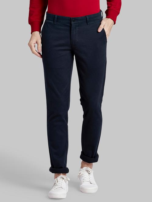 navy blue solid flat front casual trouser - 17799072 - Very Small Image - 1