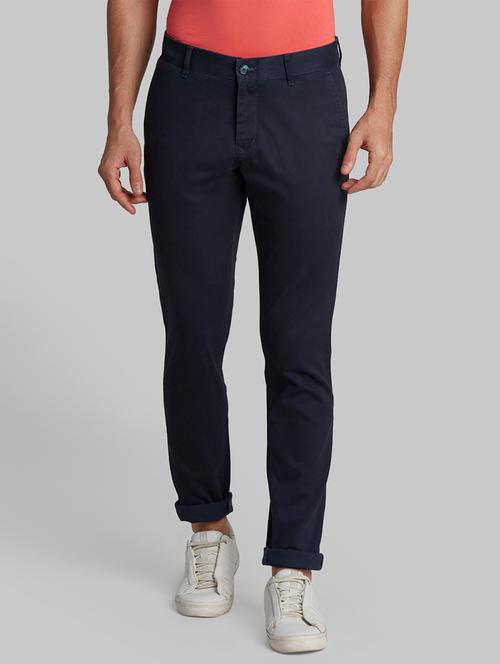 navy blue solid flat front casual trouser - 17799213 - Very Small Image - 1