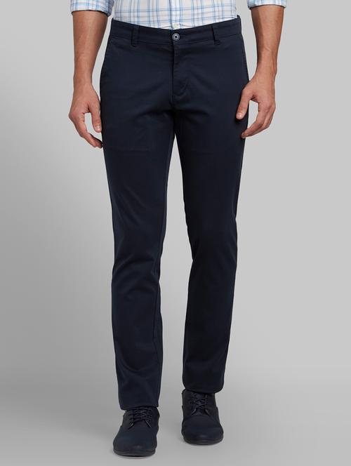 navy blue solid flat front casual trouser - 17799317 - Very Small Image - 1