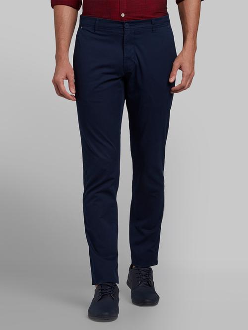 navy blue textured flat front casual trouser - 17799342 - Very Small Image - 1