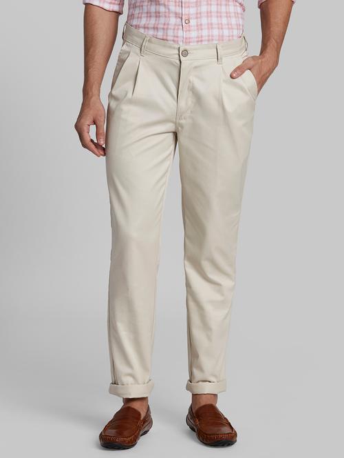 cream solid pleated casual trouser - 17799500 - Very Small Image - 1