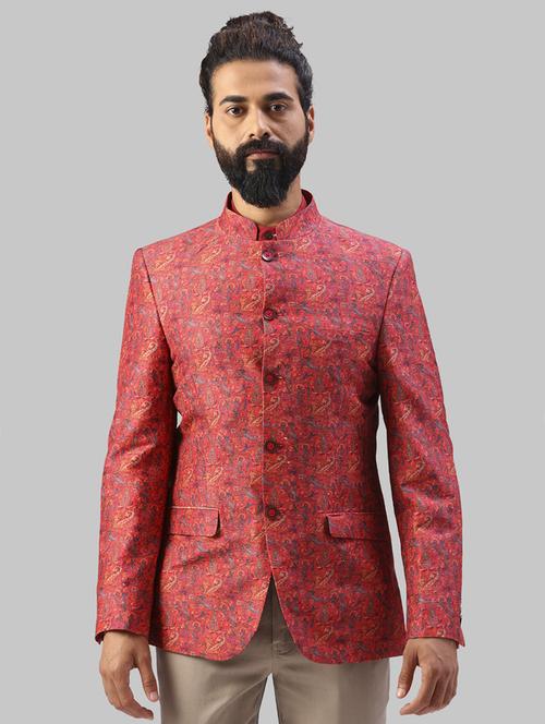 red printed bandhgala formal blazer - 17800201 - Very Small Image - 1