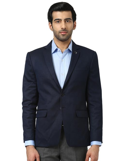 navy blue self design single breasted formal blazer - 17800443 - Very Small Image - 1