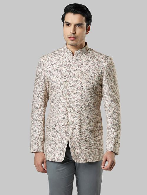 beige printed bandhgala formal blazer - 17800592 - Very Small Image - 1