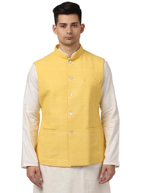yellow solid nehru jacket - 17800604 - Very Small Image - 1