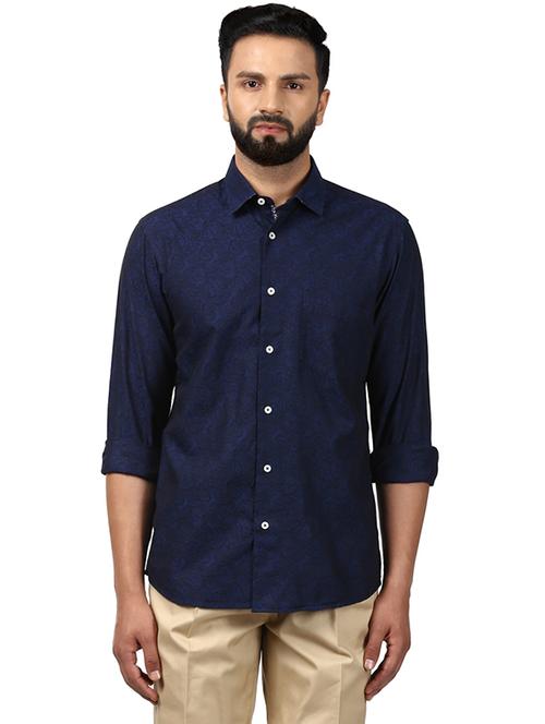 navy blue printed linen casual shirt - 17801081 - Very Small Image - 1