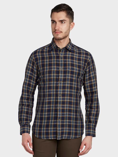 dark blue checkered linen casual shirt - 17801570 - Very Small Image - 1