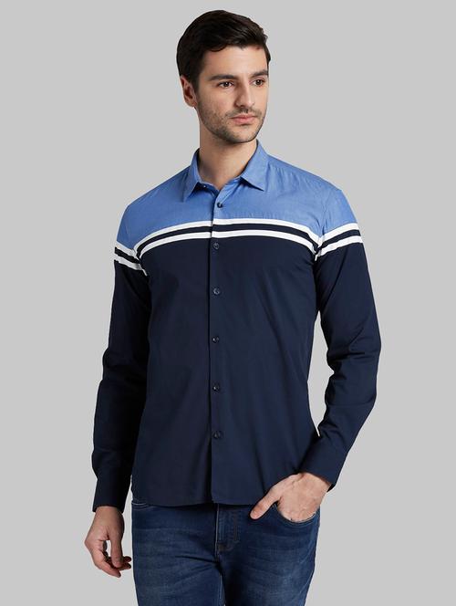 navy blue color block casual shirt - 17802814 - Very Small Image - 1