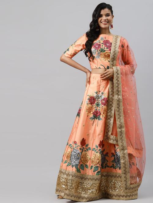 orange art silk aline lehenga - 17806007 - Very Small Image - 1