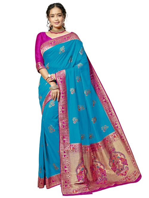 turquoise silk paithani saree with blouse - 17806769 - Very Small Image - 1
