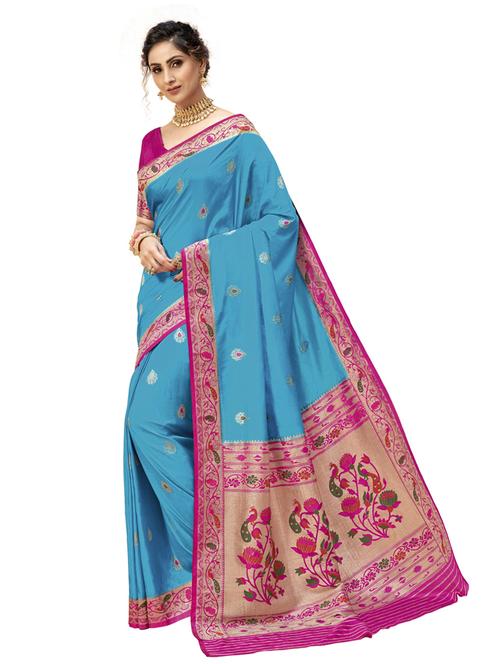 turquoise silk paithani saree with blouse - 17806775 - Very Small Image - 1