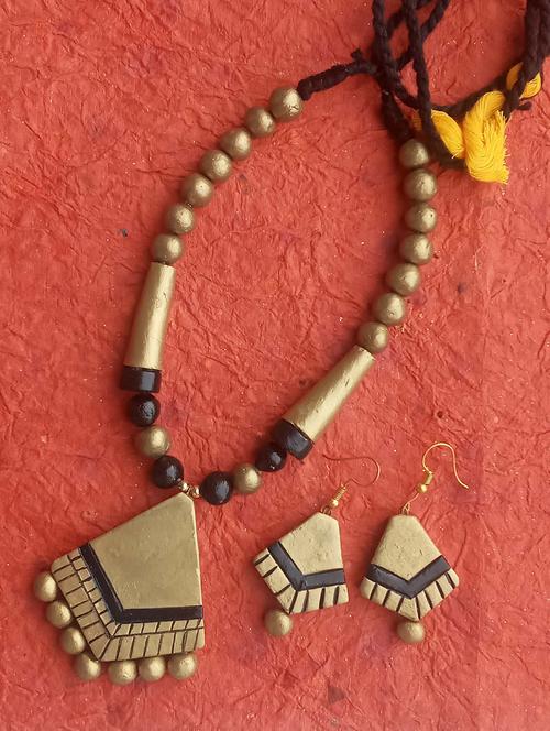 gold handmade terracotta necklace set - 17811350 - Very Small Image - 1
