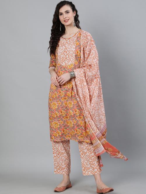 peach cotton kurta palazzo set - 17811575 - Very Small Image - 1