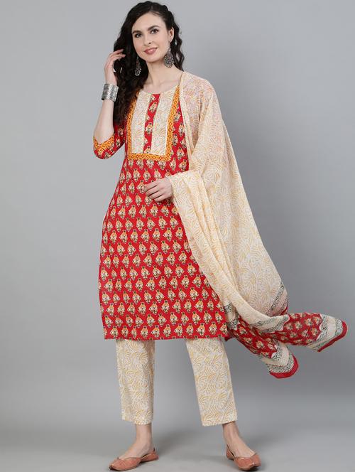 red cotton kurta palazzo set - 17811576 - Very Small Image - 1