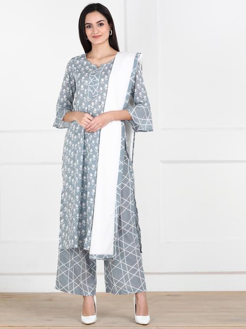 eyka grey khadi printed kurta set - 17811952 - Very Small Image - 1