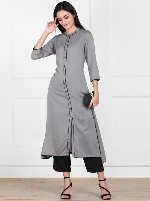 eyka grey a-line kurta with contrast - 17812062 - Very Small Image - 1