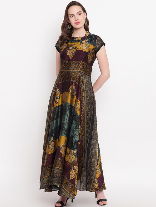 round neck printed flared dress - 17812914 - Very Small Image - 1