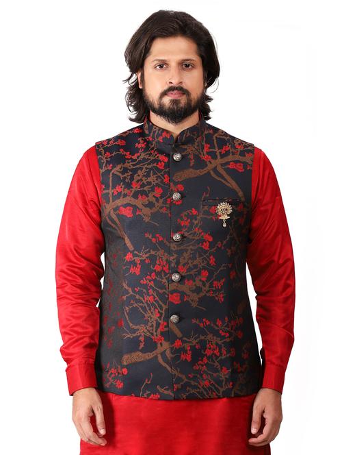 red solid silk blend kurta pyjama set with navy blue jacquard nehru jacket - 17814495 - Very Small Image - 1