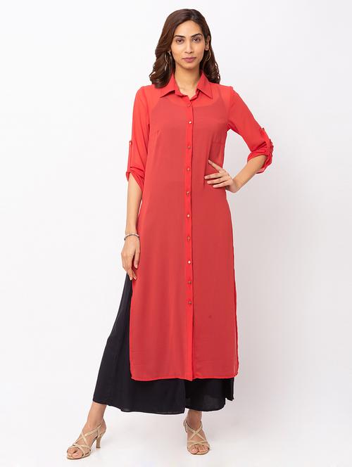 orange georgette straight kurta - 17814502 - Very Small Image - 1