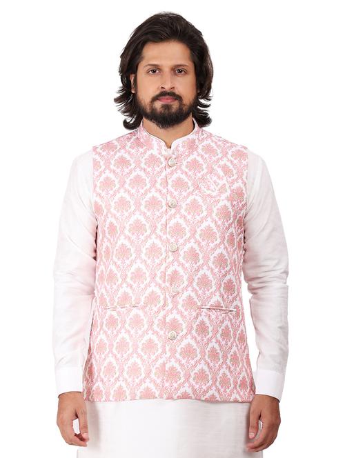 white solid kurta pyjama set with pink printed nehru jacket - 17814524 - Very Small Image - 1