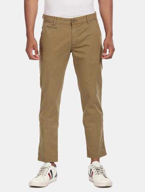 khaki solid flat front casual trouser - 17815674 - Very Small Image - 1