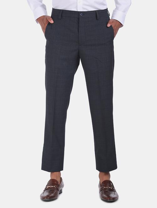 navy blue checkered flat front formal trouser - 17815836 - Very Small Image - 1