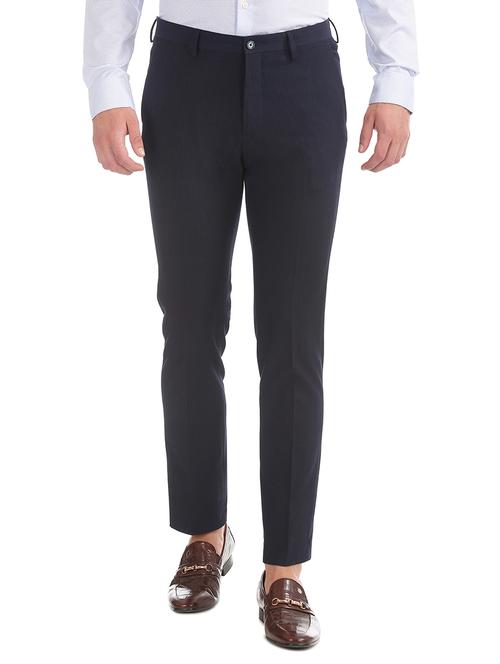 navy blue textured flat front formal trouser - 17815848 - Very Small Image - 1