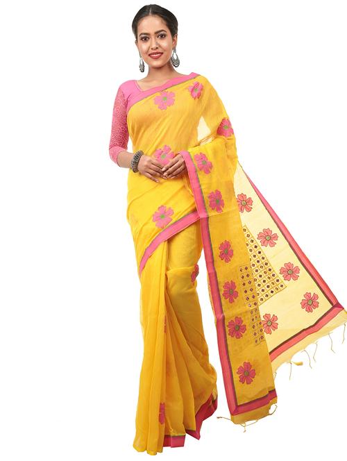 yellow cotton silk tant saree with blouse - 17820565 - Very Small Image - 1