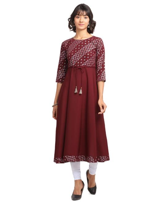 maroon foil print flared kurta - 17821844 - Very Small Image - 1