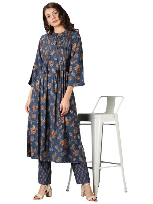 navy blue floral printed a-line kurta - 17822811 - Very Small Image - 1