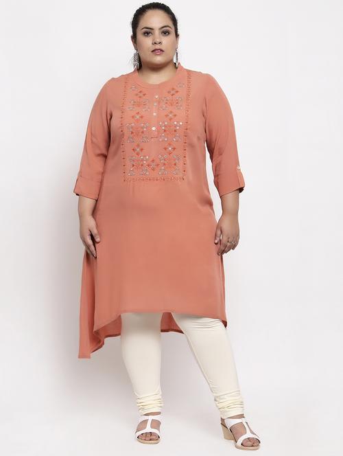 peach mandarin neck embroidered high-low kurta - 17823146 - Very Small Image - 1