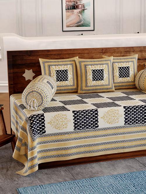 indhome life 100% cotton floral pattern diwan set with 6 pieces, 1 single bedsheet with 3 cushions covers and 2 bolster covers - 17825864 - Very Small Image - 1