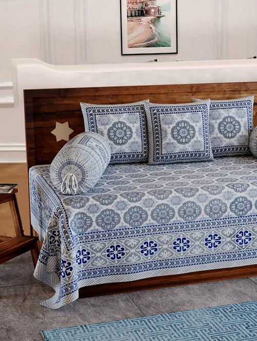 indhome life 100% cotton floral pattern diwan set with 6 pieces, 1 single bedsheet with 3 cushions covers and 2 bolster covers - 17825868 - Very Small Image - 1