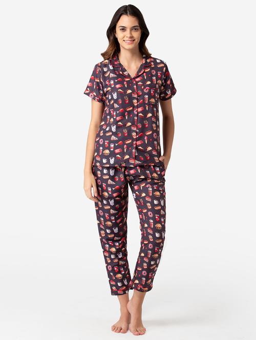 lapel neck printed nightwear pajama set - 17826704 - Very Small Image - 1