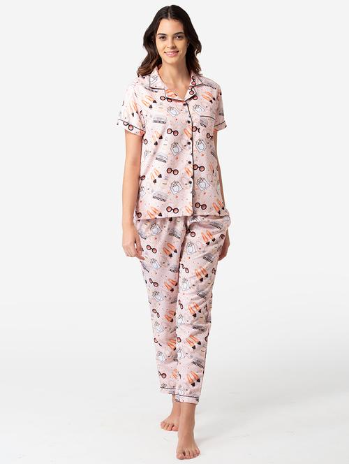 lapel neck printed nightwear pajama set - 17826705 - Very Small Image - 1