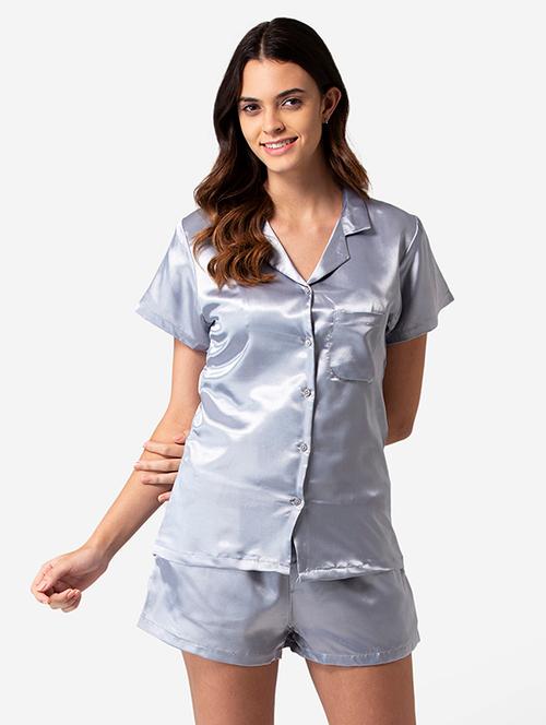 shirt collar solid nightwear shorts set - 17826717 - Very Small Image - 1