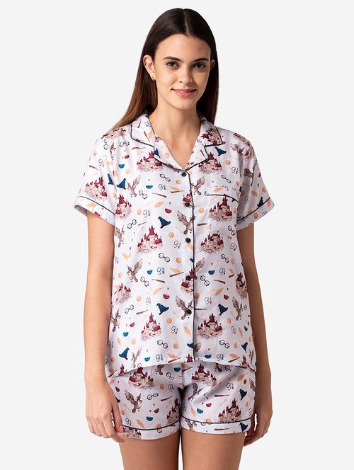 shirt collar printed nightwear shorts set - 17826731 - Very Small Image - 1