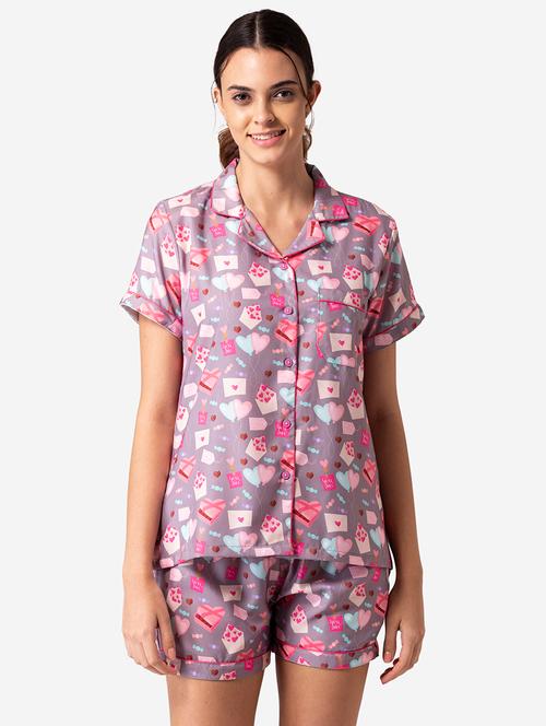 shirt collar printed nightwear shorts set - 17826733 - Very Small Image - 1