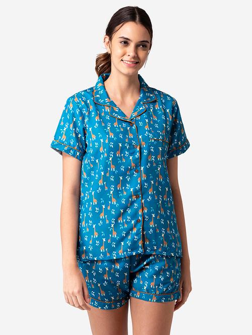 shirt collar printed nightwear shorts set - 17826747 - Very Small Image - 1