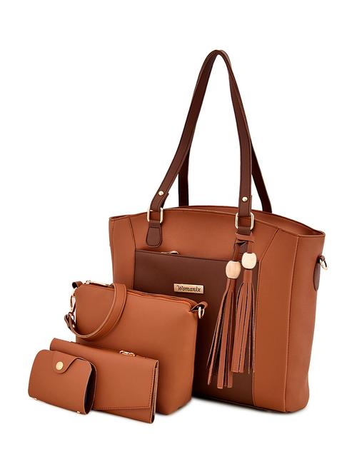tan leatherette (pu) combo handbag - 17827729 - Very Small Image - 1