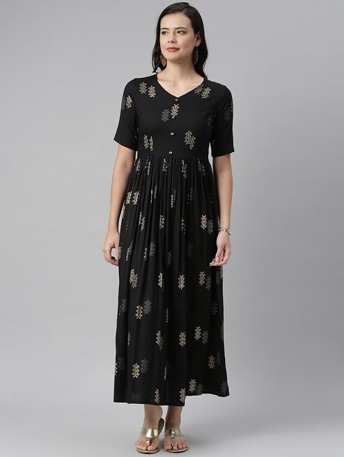 gold print fit & flare ethnic dress - 17827774 - Very Small Image - 1