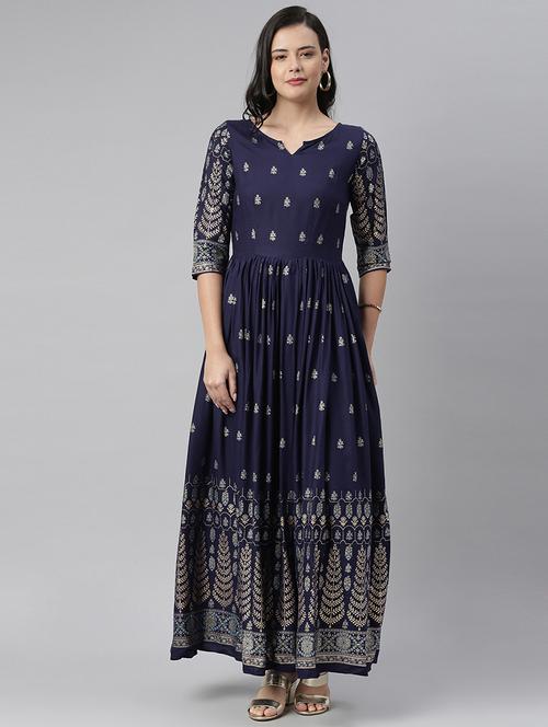 gold print fit & flare ethnic dress - 17827778 - Very Small Image - 1