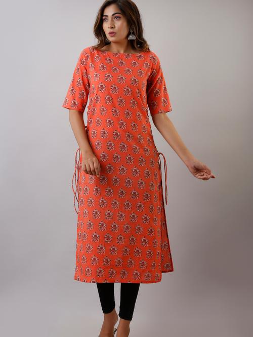 eyka orange printed kurta with side - 17827857 - Very Small Image - 1